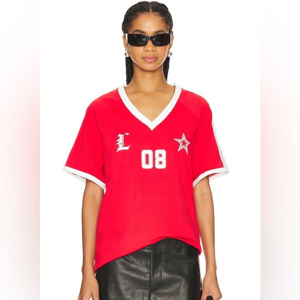 Lioness Red and White V‑Neck Jersey Top